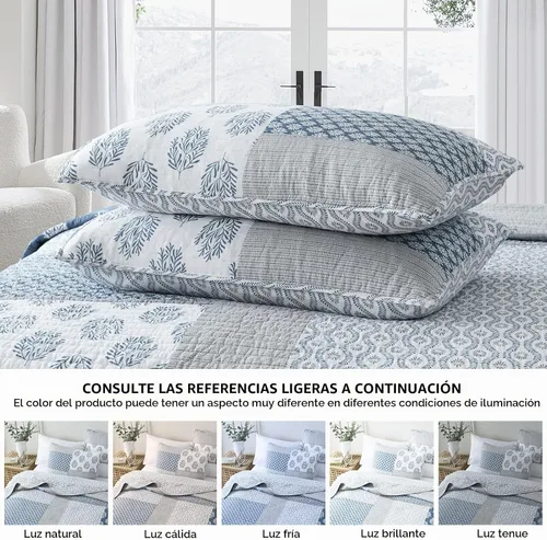 Vista 8 de Y-PLWOMEN - Juego de cama Queen con edredón/cubrecama de algodón 100% ligera, reversible, floral, rústico, para todas las estaciones Azul/Blanco/Gris
