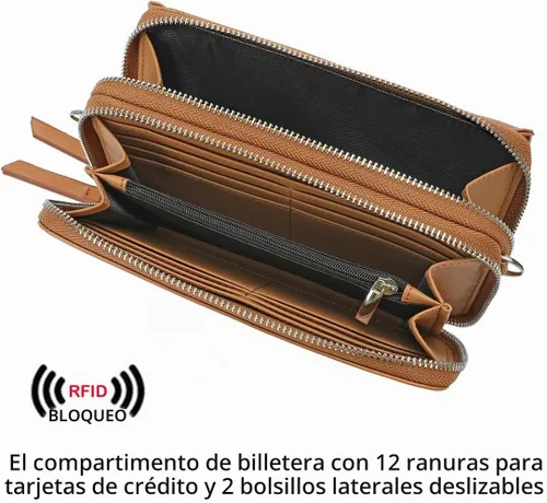 Vista 3 de Lanyani Cartera Cruzada RFID con Correa de Muñeca y Bolsillo para Teléfono para Mujeres de Cuero Vegano B-mostaza oscura