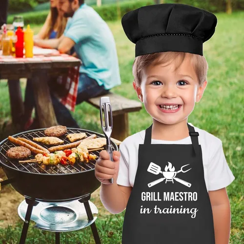 Vista 7 de Juego de delantal y sombrero de chef para niños, divertido delantal de entrenamiento con 2 bolsillos para niños y niñas
