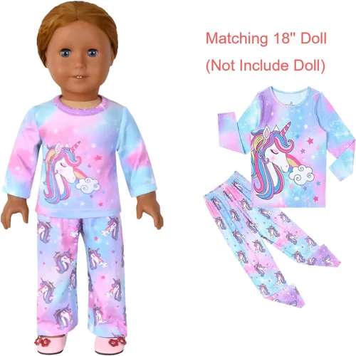 Vista 14 de QPANCY Conjunto de pijamas a juego para niñas y muñecas, pijamas de manga larga para otoño e invierno