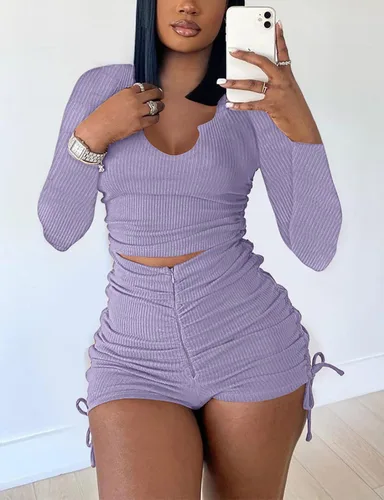 Vista 3 de Yanfoam Conjunto de 2 piezas de entrenamiento para mujer acanalado cuello en U manga larga ombliguera de cintura alta ajustado pantalones cortos