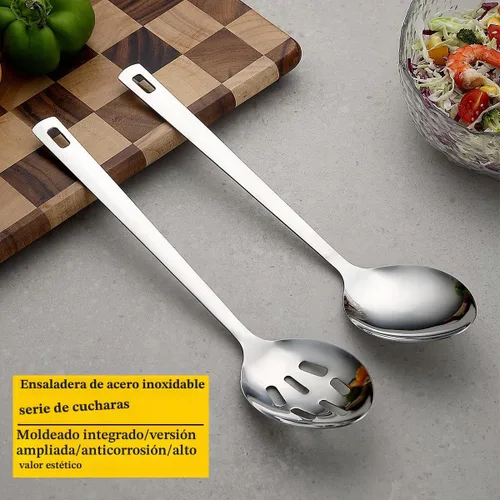 Vista 3 de Kyraton Juego de cucharas de cocina de acero inoxidable, cuchara sólida, cuchara ranurada, mango resistente al calor, apto para lavavajillas, fácil