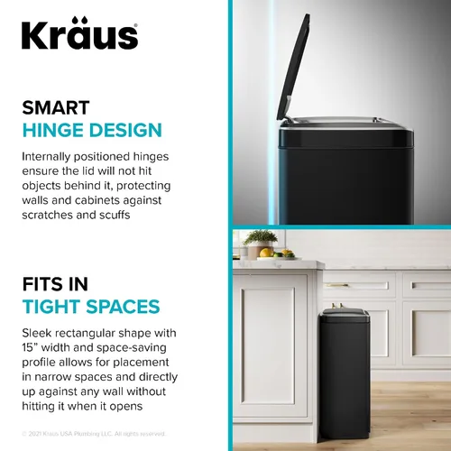 Vista 10 de Kraus GarbagePro Bote de basura rectangular de 13 galones manos libres con sensor de movimiento operado por batería en acabado negro mate con tapa