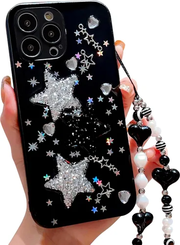 Vista 24 de Compatible con iPhone 11 Pro Funda Transparente Bonita con Diseño de Estrella con Purpurina en 3D con Perlas y Pulsera de Perlas, Diseño de Cadena