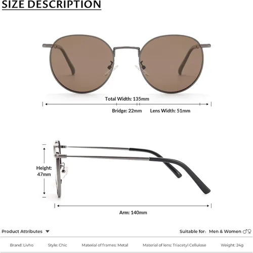 Vista 4 de livho Gafas de sol polarizadas con protección UV retro redondas hippie para mujeres y hombres a la moda pequeños lentes espejados marcos de metal