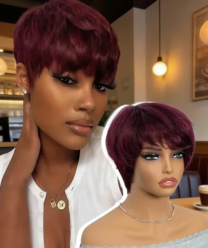 Vista 14 de QUEEN VIRGIN REMY QVR - Peluca de cabello humano con corte Pixie con flequillo, pelucas cortas para mujeres negras, cabello humano de diferentes