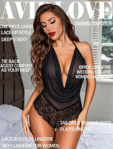 Vista 5 de Avidlove - Traje de lencería sexy para mujer, diseño de peluche, una pieza, con encaje, cabestro Negro