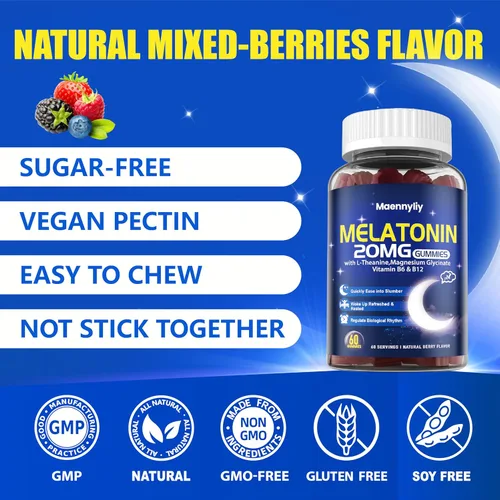 Vista 6 de Gomitas de melatonina de 20 mg para adultos - Gomitas de melatonina sin azúcar de fuerza extra con L-teanina, magnesio, ashwagandha, cúrcuma, D3