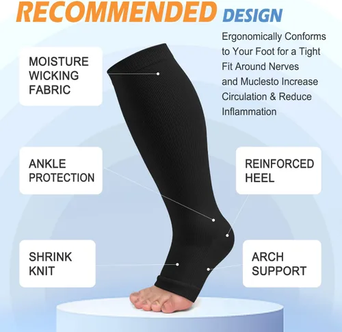 Vista 4 de Paquete de 3 calcetines de compresión de cobre para mujeres y hombres, 20-30 mmHg con punta abierta hasta la rodilla, medias altas para soporte