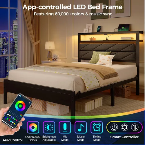 Vista 6 de Seventable Base de cama individual con estación de carga y luces LED, cabecera tapizada con estantes de almacenamiento de 2 niveles, plataforma