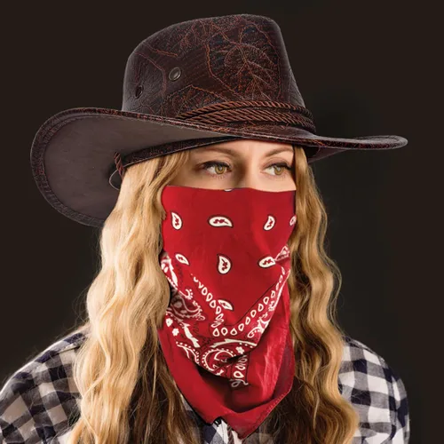 Vista 3 de L'VOW Conjunto de sombrero de vaquero retro de piel sintética con bandana para mujeres y hombres, disfraz temático de fiesta