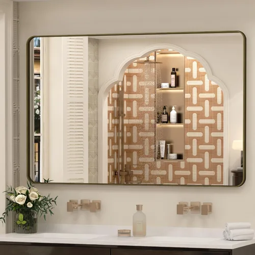 Vista 64 de Espejo rectangular para pared de baño de 20x30 pulgadas con marco negro mate, espejo de tocador con esquinas redondeadas, espejo de baño de metal