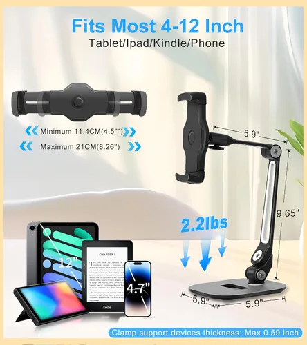 Vista 2 de Soporte ajustable para tablet de escritorio, soporte giratorio de 360° para iPad Air mini Pro de 4.7 a 12 pulgadas, iPhone, Samsung POS, Kindle