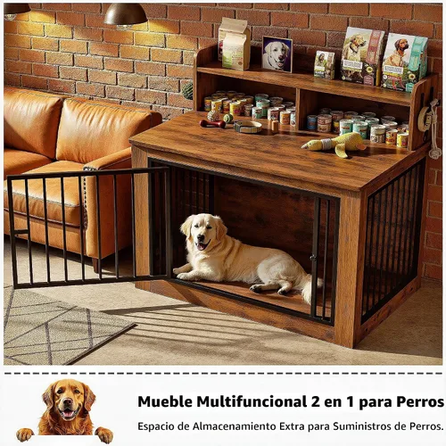 Vista 4 de IRONCK Mueble de jaula extragrande para perros, jaula de madera de 43.3 pulgadas con almacenamiento y 4 ganchos, jaula resistente para perros