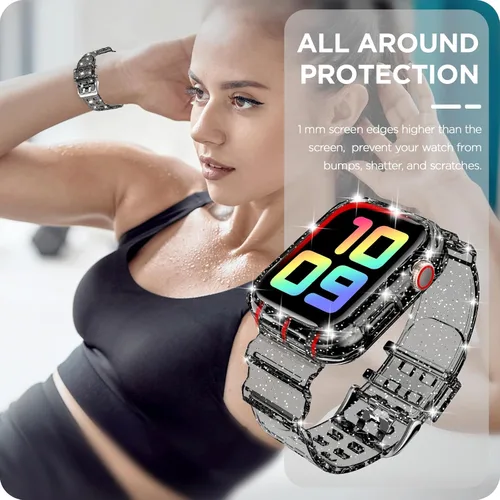 Vista 217 de DABAOZA - Correa transparente compatible con Apple Watch con estuche protector, correa deportiva de TPU con brillo para mujeres y hombres