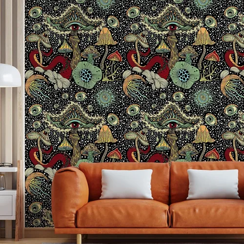 Vista 4 de WENMER Papel tapiz bohemio de hongos de despegar y pegar de 17.7 pulgadas x 39.4 pies - Papel de contacto de plantas/ojos/hongos, vinilo floral