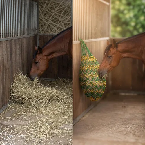 Vista 6 de 2 Pack Hay Net for Horses, 40 in Slow Feed Hay Bag for Horses, Hanging Foraging Net with 2.36 x 2.36 in Mesh, Sturdy Polyester Feeder for Goats