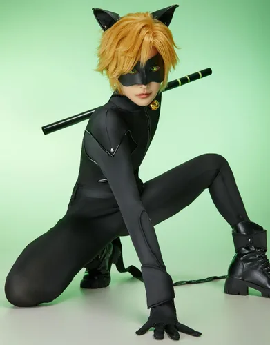 Vista 4 de Miraculous Conjunto de cosplay unisex de Ladybug Cat Noir de poliéster para cosplay, máscara de ojos, cubiertas de muñeca y tobillo