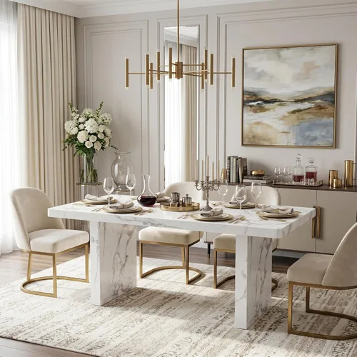 Vista 9 de gopop Mesa de comedor de mármol de 63 pulgadas, tablero de mesa de comedor MDF con patrón de mármol y base para cocina y comedor.