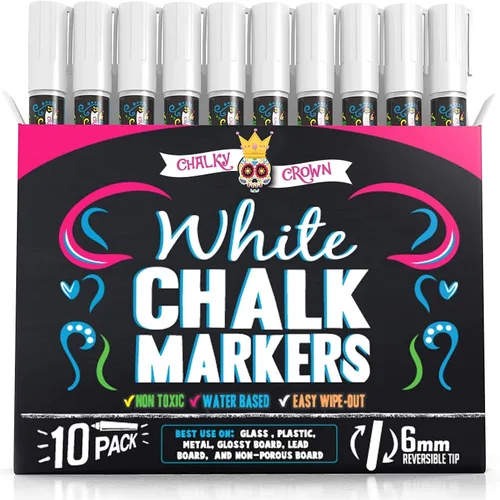 Vista 10 de CHALKY CROWN Rotulador de tiza líquida – Marcador de borrado en seco – Marcadores de tiza para letreros de pizarra, ventanas, pizarra, vidrio – Negro