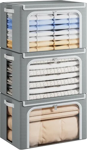 Vista 8 de Yecaye Cajas de Almacenamiento de Ropa con Marco de Metal, Caja de Almacenamiento de Ropa Plegable con Tapa, Caja Organizadora Apilable de Tela