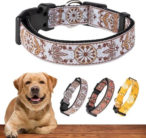Vista 18 de Collar de perro para perros medianos y grandes, patrón acolchado de algodón con flores en collares de larga duración, ajustables, fuertes