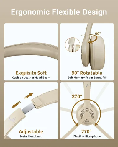 Vista 6 de JIAMQISHI Auriculares de oficina Bluetooth V5.2 en color albaricoque, auriculares inalámbricos con micrófono de reducción de ruido, receptor USB
