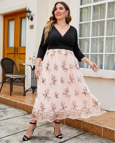 Vista 3 de GRAPENT Women's Plus Size Sequin 34 Sleeves Evening Gown Party Long Maxi Dress