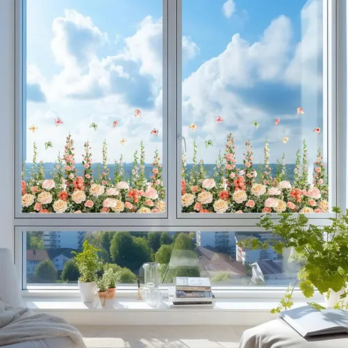 Vista 6 de Calcomanías de pared de rosas vívidas, calcomanías de pared florales de vid colgantes, calcomanías de mariposa, papel tapiz para despegar y pegar
