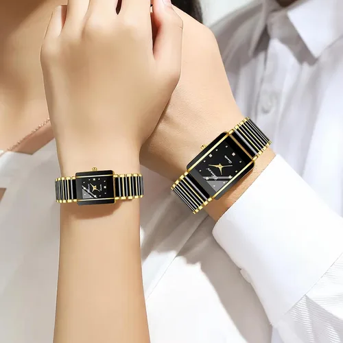 Vista 4 de Gosasa Relojes vintage para parejas hombres y mujeres, reloj de cuarzo a juego cuadrado de cerámica para él y para ella, conjunto de relojes de par