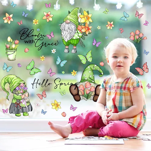Vista 5 de Whaline 106 calcomanías de PVC reutilizables para ventana de primavera, acuarela, gnomo, mariposa, flores, calcomanías de PVC reutilizables