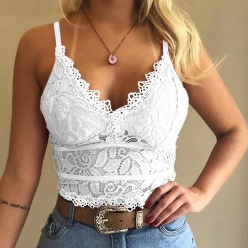 Vista 2 de Camiseta sexy para mujer, ribete de encaje de verano, festoneado, ahuecado, transparente, escote transparente, para fiesta nocturna y club