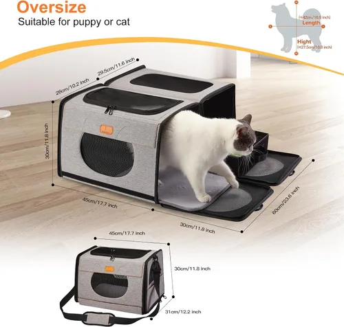 Vista 5 de IC ICREATE.X - Transportador grande para gatos con caja de arena para viajes en automóvil, bolsa de transporte de mascotas 2 en 1, doble transporte