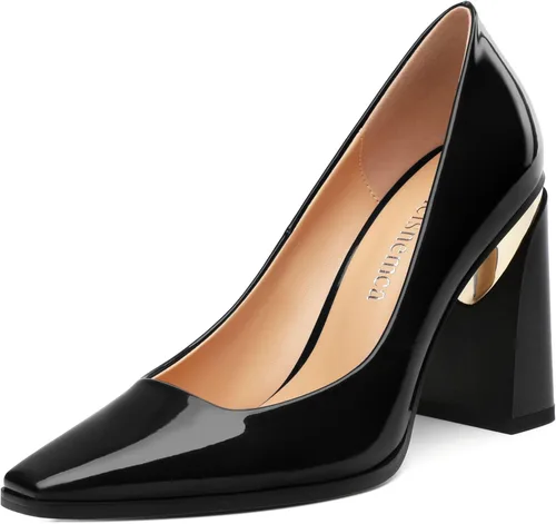 Vista 13 de Tacones altos para mujer, zapatos de vestir de tacón grueso con puntera cuadrada cerrada de patente, tacones elegantes, zapatos de vestir diarios
