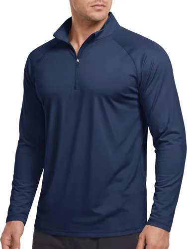 Vista 25 de CRYSULLY Camiseta de manga larga con cremallera de 1/4 para hombre, con protección solar, pullover UPF 50+, rash guard para correr, camiseta ligera