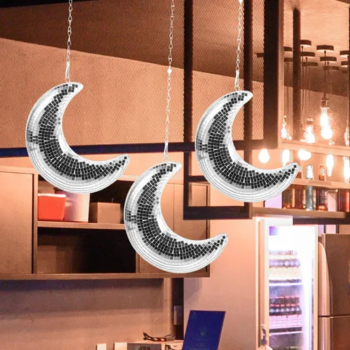Vista 8 de DOITOOL Bola de discoteca, difusor de bola de discoteca colgante en forma de luna con cadena de 20 pulgadas para fiesta de discoteca, adornos