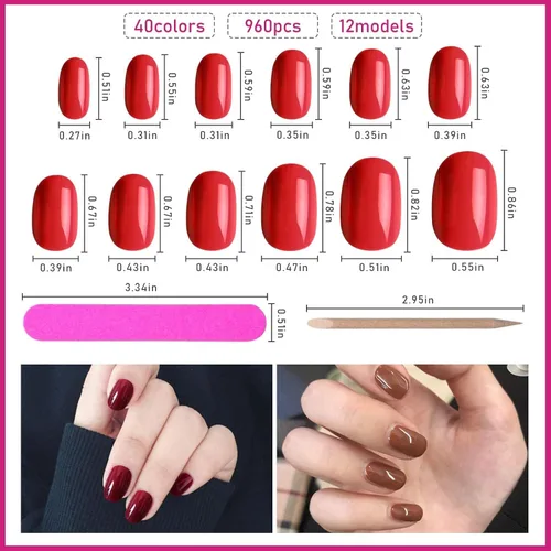 Vista 2 de EBANKU 960 uñas postizas cortas y coloridas para mujer, uñas ovaladas a presión, acrílicas brillantes, cobertura completa, puntas de uñas postizas