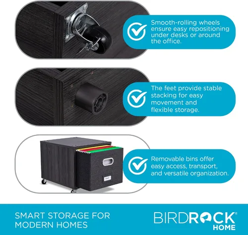 Vista 7 de BIRDROCK HOME Archivador rodante – Estante de almacenamiento decorativo con cubos extraíbles, asas y ruedas – Organiza archivos, libros, juguetes