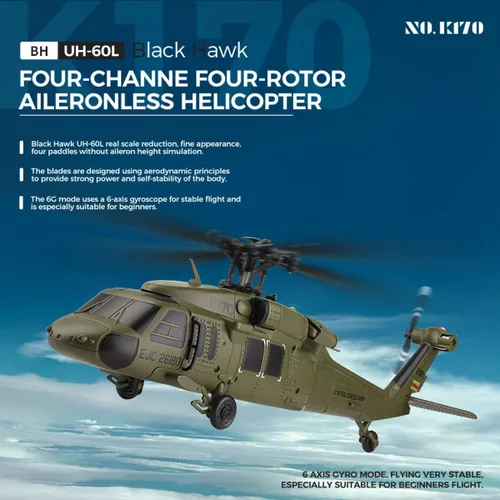 Vista 2 de Helicóptero RC K170 UH60L, helicóptero de control remoto para adultos principiantes, 2.4G 4CH RC Plane 6 ejes giroscopio altitud aeronaves militares