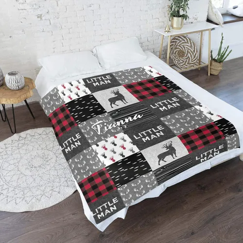 Vista 2 de XOZOTY Manta de bebé personalizada con texto y nombre, diseño a cuadros de hombre pequeño, con texto y nombre, para niños y niñas, regalo