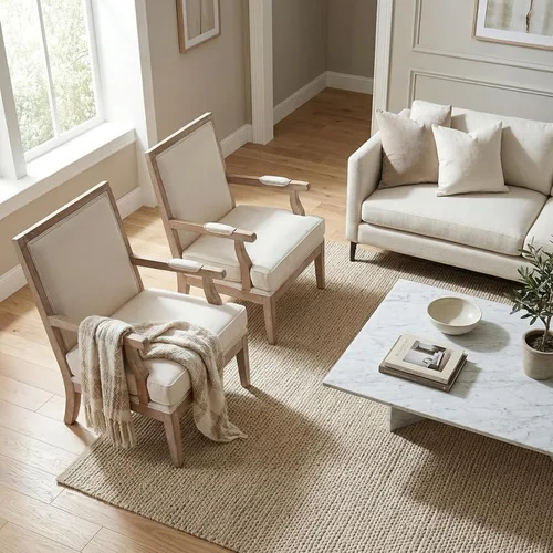 Vista 6 de Silla decorativa moderna de granja, sillón tapizado ancho de lino con reposabrazos, silla de lectura de madera maciza de campo francés para sala