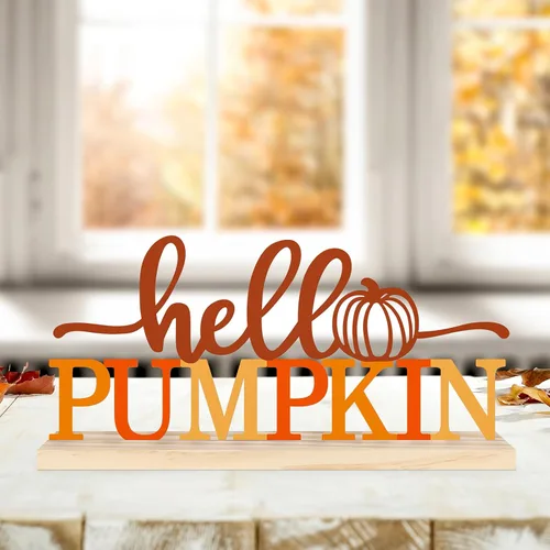 Vista 6 de COCHIE Letrero de Metal Hello Pumpkin, Decoraciones de Otoño Naranjas para Casa, Oficina, Estante, Repisa de Chimenea, Interior, Decoración