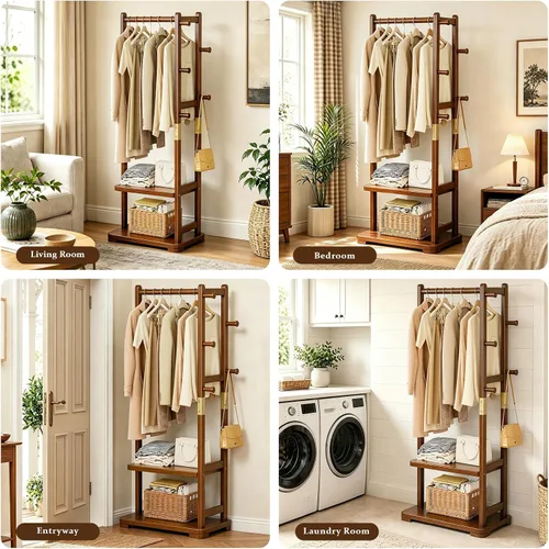 Vista 7 de Taitiy Perchero de Madera Maciza Perchero para Abrigos con 2 Estantes y 4 Ganchos para Colgar Ropa, Prendas, Carteras, Sombreros, Perchero de Ropa