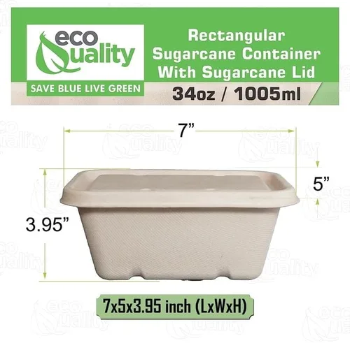 Vista 2 de EcoQuality Cuencos desechables de 34 onzas con tapas de fibra, cuencos rectangulares de papel biodegradable de fibra de caña de azúcar compostable