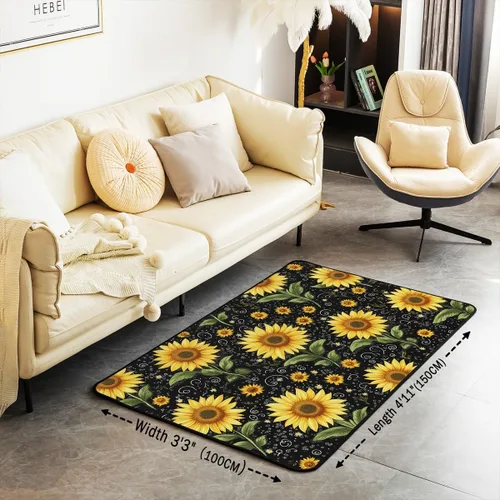 Vista 3 de Alfombra de área de girasol de 3 x 5 pies, alfombra de abeja para niños y niñas, alfombra decorativa floral amarilla, bonita alfombra decorativa