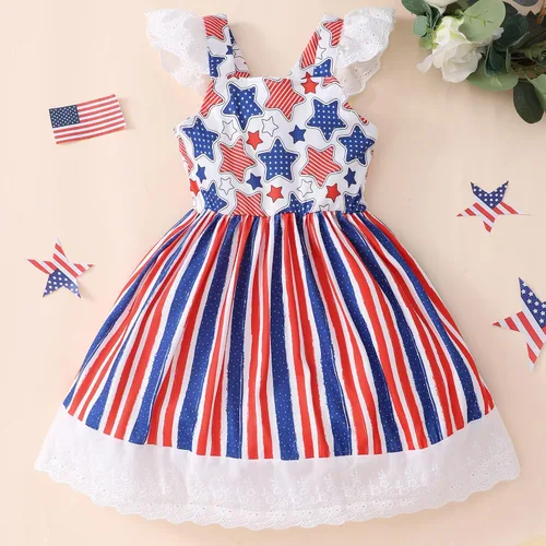 Vista 6 de Vestido para niñas del 4 de julio, con bandera americana, patriótico, estrellas, rayas, vestidos para el Día de la Independencia para niños de 1 a 8