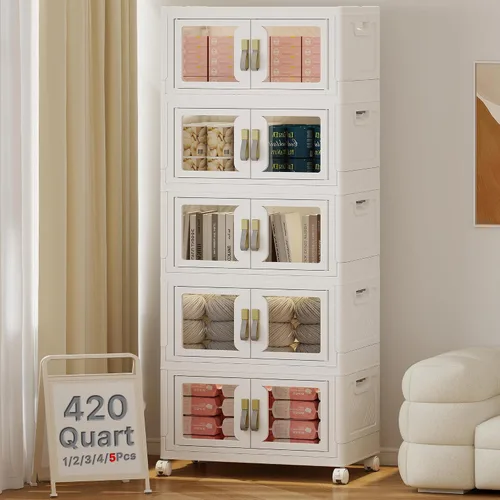 Vista 18 de Contenedor de almacenamiento apilable de 48 cuartos de galón con tapa, ruedas y puerta, organizador plegable de 12 galones para dormitorio, estudio