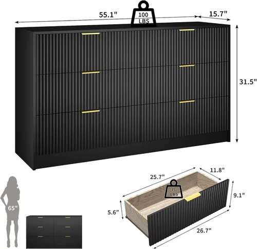 Vista 2 de Cómoda negra con 6 cajones profundos, cómoda acanalada de 55" de ancho para dormitorio con tirador dorado, cómoda moderna para armario, dormitorio