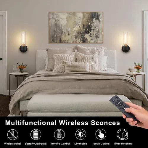 Vista 3 de Juego de 2 apliques de pared a pilas, luces de pared inalámbricas con control remoto, lámparas de pared regulables recargables para dormitorio