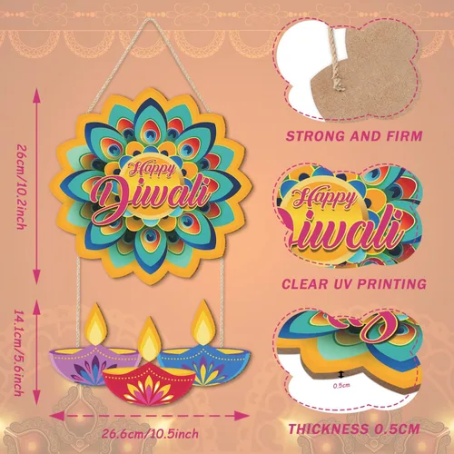 Vista 2 de LHIUEM Diwali - Letreros de madera de Happy Diwali para decoración de pared, juego de 2 (10 x 20 pulgadas), decoración de loto, pancarta india Happy